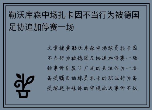 勒沃库森中场扎卡因不当行为被德国足协追加停赛一场