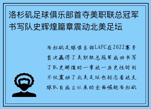 洛杉矶足球俱乐部首夺美职联总冠军书写队史辉煌篇章震动北美足坛 洛杉矶足球俱乐部首夺美职联总冠军书写队史辉煌篇章震动北美足坛